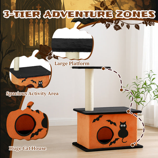 Halloween Cat Tower with Condo, Platform & Sisal Scratching Post)